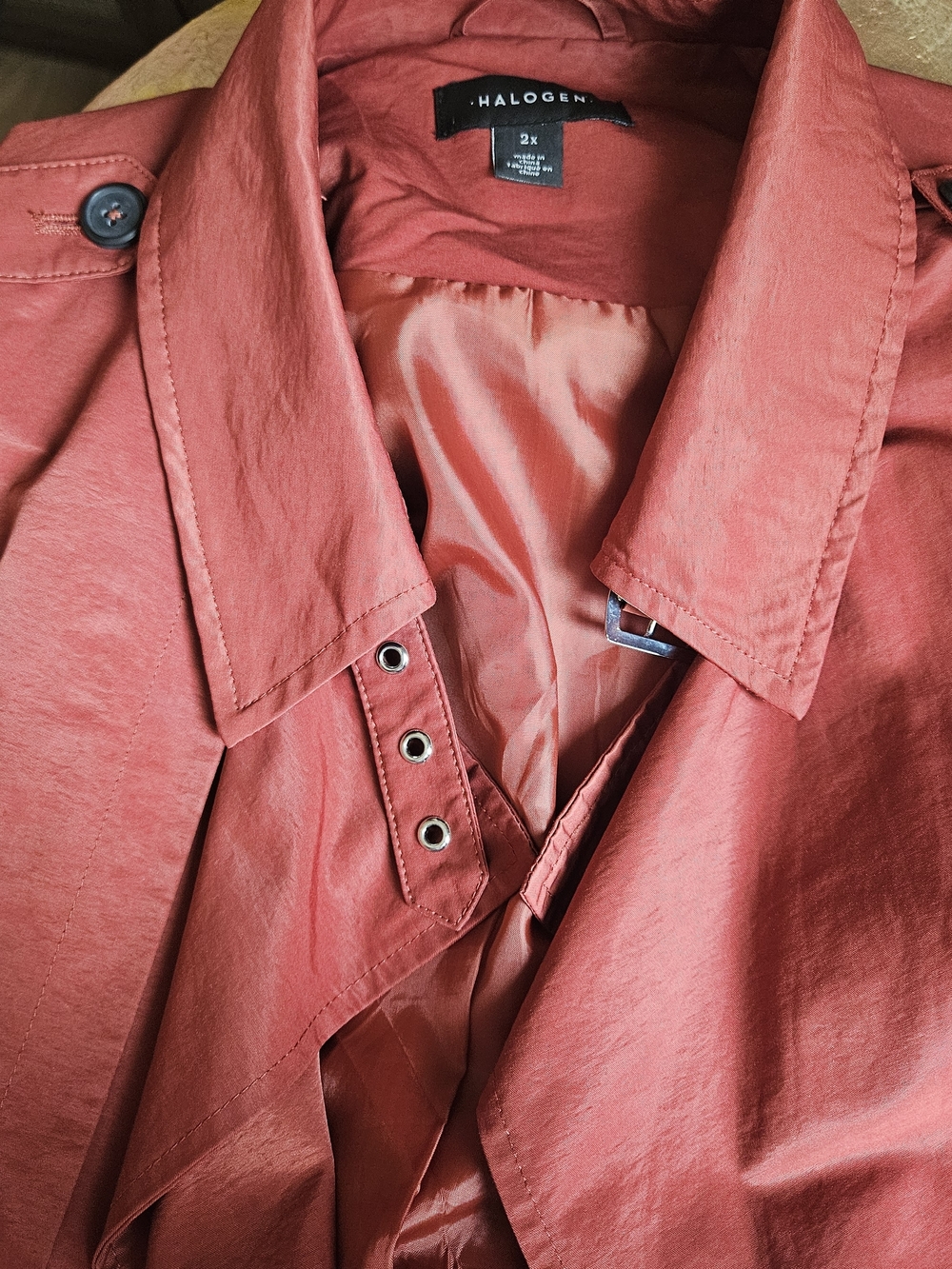 Halogen Womem's 2X Coral-Red Trench Coat with Classic Collar Belt Long